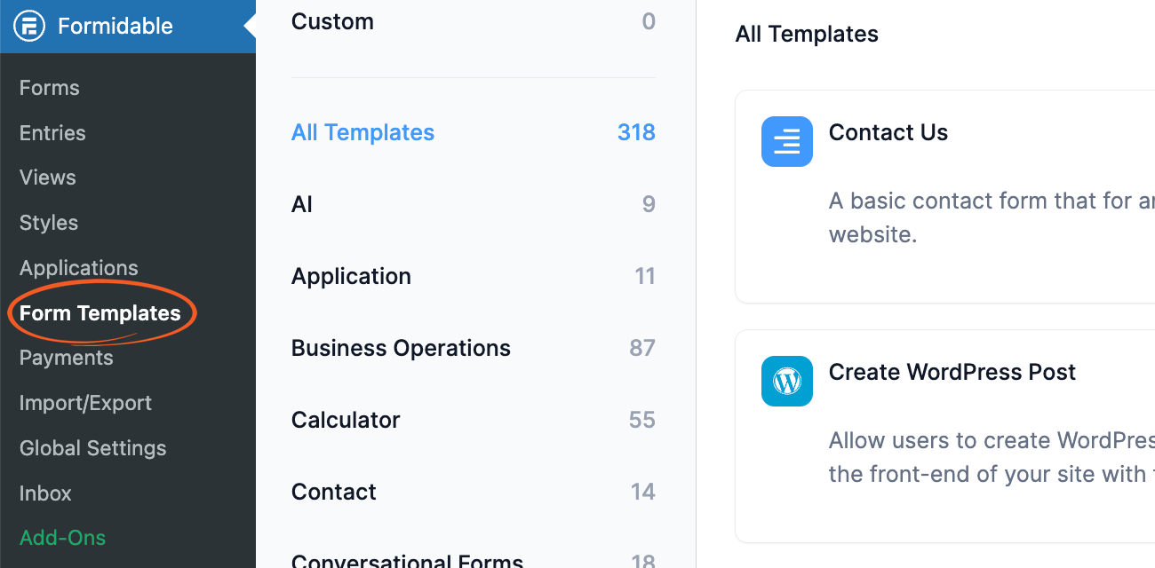 Menu for the custom form templates