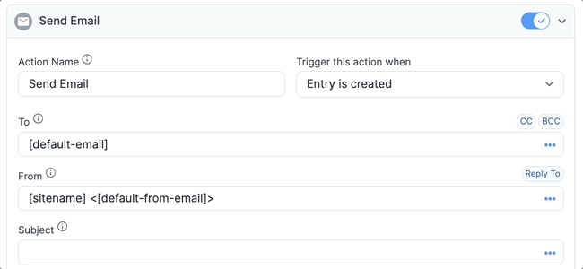 Send Email configuration screen in Formidable Forms, showing email settings like “To,” “From,” and “Subject” fields with placeholders.