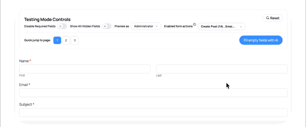 A recording of using the "Fill empty fields with AI" button to populate the fields in the form with Formidable Forms Test Mode
