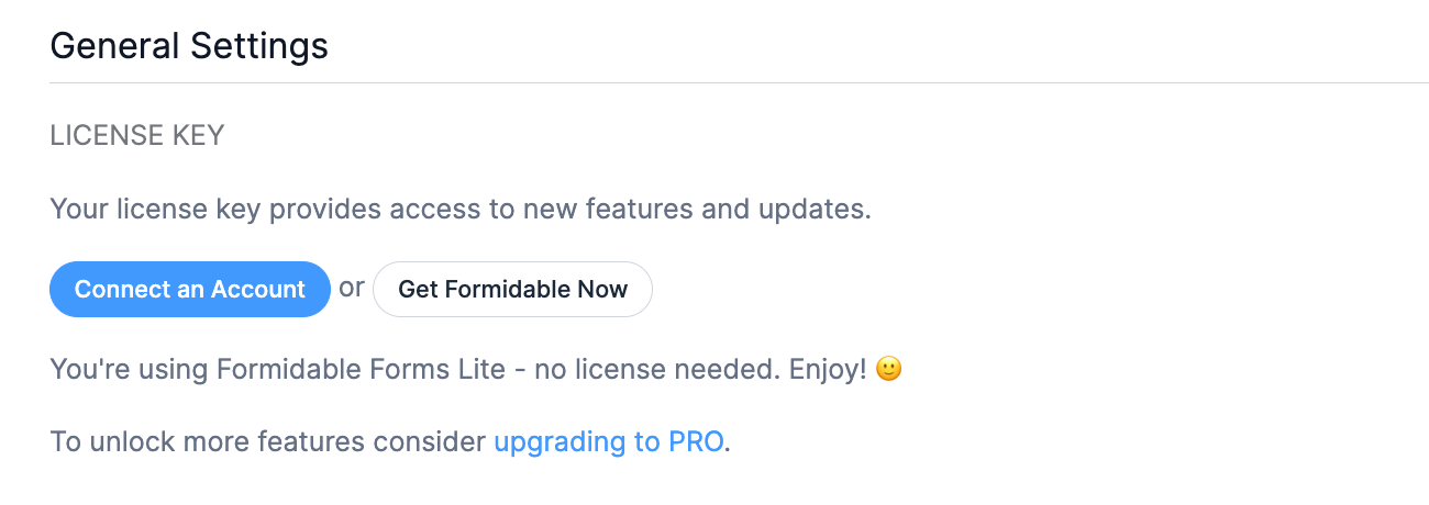 WordPress General Settings screen showing the options to Connect an Account or Get Formidable Now.