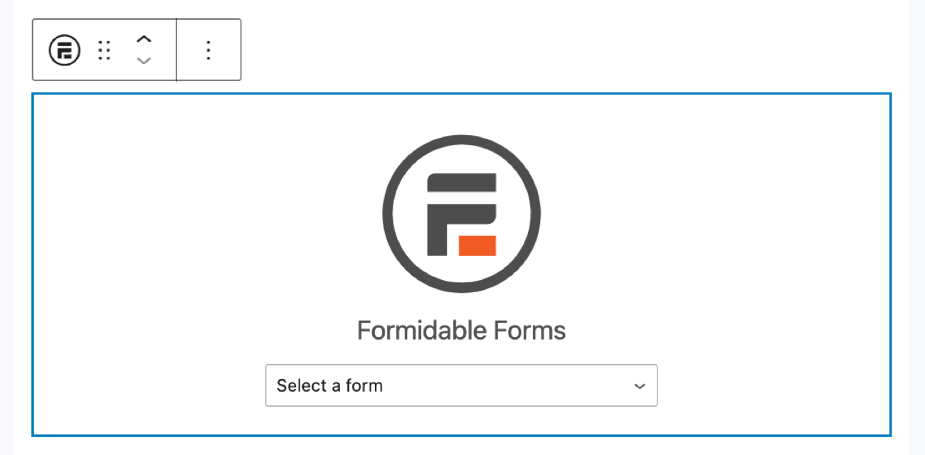 WordPress block editor screen with the Formidable Forms logo and dropdown to select a form.