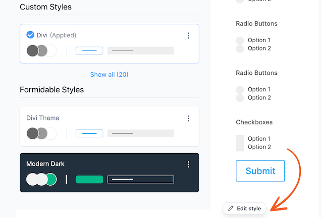 Form styling options displayed, showing themes like Divi Theme and Modern Dark with toggles to select and customize form styles.