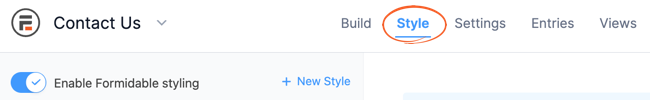 Style tab in Formidable Forms settings. Options like “Enable Formidable styling,” “Custom Styles,” and “Formidable Styles” are visible, with “Edit style” button highlighted.