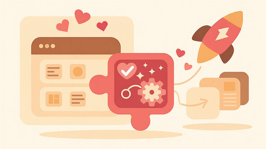 An abstract illustration of web development and security, showing a puzzle piece, gears, and a rocket symbolizing growth and protection.