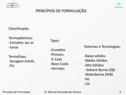 Classificação:
Termoplásticas:
-Esmaltes sec ar
-Lacas
Termofixas:
-Secagem estufa
-PU
Tipos:
-Esmaltes
-Primers
-E-Coat
-Ba