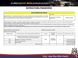 ESTRUCTURA FINANCIERA
BOLIVARIANO
ORGANIGRAMA ESTRUCTURAL
Cnel. Joey Roy Niño Castro
PLAN OPERATIVO ANUA