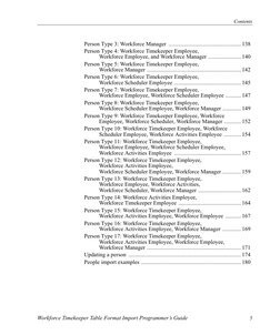 Contents
Workforce Timekeeper Table Format Import Programmer’s Guide
5
Person Type 3: Workforce Manager ...............