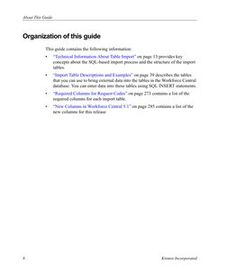 About This Guide
8
Kronos Incorporated
Organization of this guide
This guide contains the following information:
•
“Techn