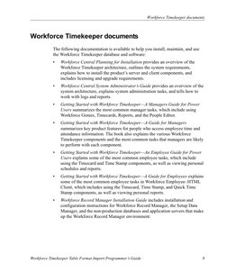 Workforce Timekeeper documents
Workforce Timekeeper Table Format Import Programmer’s Guide
9
Workforce Timekeeper documents
T