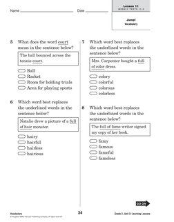 Grade 3, Unit 3: Learning Lessons
Name
Date
Jump!
Vocabulary
34
Vocabulary
© Houghton Mifflin Harcourt Publishing Comp