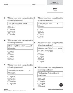 Grade 3, Unit 3: Learning Lessons
Name
Date
40
Lesson 11
W E E K LY T E S T S 1 1 . 9
Jump!
Phonics
34/0
Phonics
© H