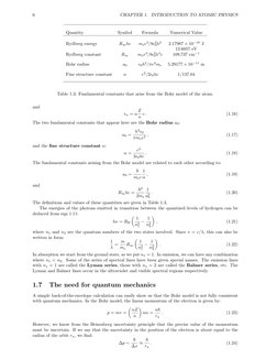 6
CHAPTER 1. INTRODUCTION TO ATOMIC PHYSICS
Quantity
Symbol
Formula
Numerical Value
Rydberg energy
R∞hc
mee4/8ϵ2
0h2
2.17987