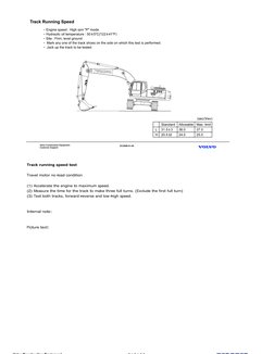 Track running speed test
Travel motor no-load condition
(1) Accelerate the engine to maximum speed.
(2) Measure the time for