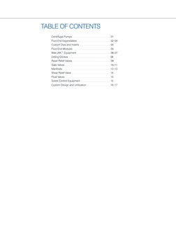 TABLE OF CONTENTS
Centrifugal Pumps ...............................................................01
Fluid End Expendabl