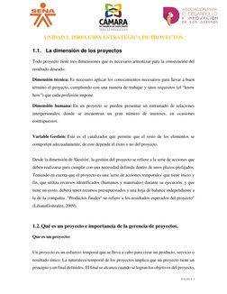 PÁGINA 5
UNIDAD 1. DIRECCIÓN ESTRATÉGICA DE PROYECTOS
1.1. La dimensión de los proyectos
Todo proyecto tiene tres dimens