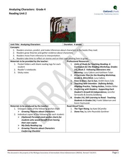Analyzing Characters: Grade 4
Reading Unit 2
Unit Title: Analyzing Characters
Duration: 4 weeks
Concepts:
1.
Reade
