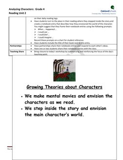 Analyzing Characters: Grade 4
Reading Unit 2
on their daily reading logs.
Have students turn to the place in their
