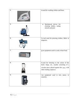 4.
d.used for washing clothes and linen.
5.
e. Mechanical device for
cleaning dishes, eating
utensils and pots
6.