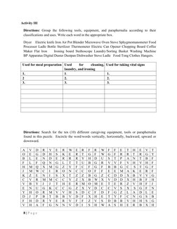 Activity III
Directions: Group the following tools, equipment, and paraphernalia according to their
classificatio