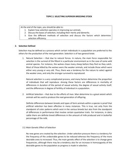 TOPIC 2. SELECTING SUPERIOR BREEDING STOCK
At the end of the topic, you should be able to:
1.
Explain how selection operates