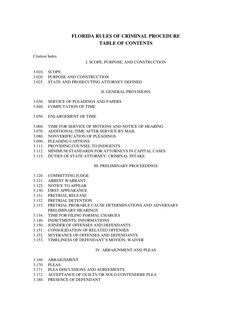 FLORIDA RULES OF CRIMINAL PROCEDURE
TABLE OF CONTENTS
Citation Index
I. SCOPE, PURPOSE, AND CONSTRUCTION
3.010.
SCOP