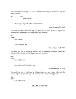 On demand I promise to pay Ravi Naik or order the sum of Rupees one thousand only, for
value received.
Rs.
1000