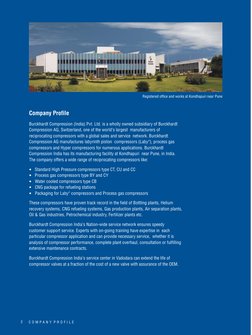 Registered office and works at Kondhapuri near Pune
2
Company Profile
Burckhardt Compression (India) Pvt. Ltd. is a wholly