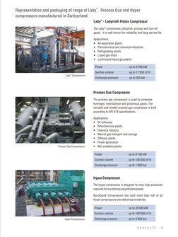 5
P R O D U C T S
Representation and packaging of range of Laby Process Gas and Hyper
compressors manufactured in Swi