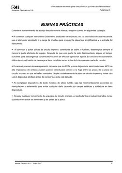 4
BUENAS PRÁCTICAS
Durante el mantenimiento del equipo descrito en este Manual, tenga en cuenta los siguientes consejos: