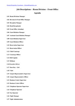 Oriental Hospitality Consultants – OrientalHospitality.com
Job Descriptions – Room Division – Front Office
Agenda
1.