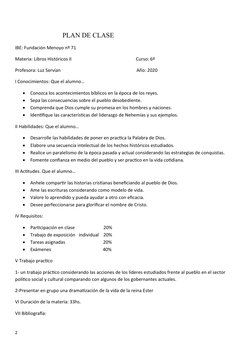 PLAN DE CLASE
IBE: Fundación Menoyo nº 71
Materia: Libros Históricos II