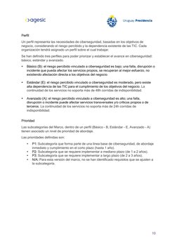 10
Perfil
Un perfil representa las necesidades de ciberseguridad, basadas en los objetivos de
negocio, considerando
