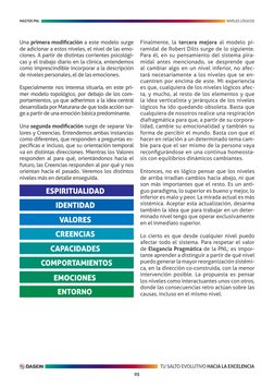 05
TU SALTO EVOLUTIVO HACIA LA EXCELENCIA
MASTER PNL
NIVELES LÓGICOS
Una primera modificación a este modelo surge
de adicion