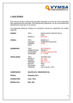 I.- HOJA TÉCNICA
Este manual contiene indicaciones generales aplicadas a la serie de hornos fabricados
bajo esp