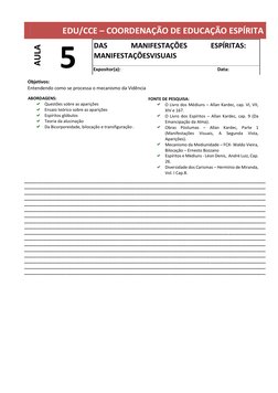 EDU/CCE – COORDENAÇÃO DE EDUCAÇÃO ESPÍRITA
AULA
5
DAS
MANIFESTAÇÕES
ESPÍRITAS:
MANIFESTAÇÕES VISUAIS
E