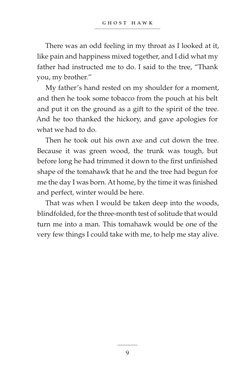 g h o s t h a w k
9
There was an odd feeling in my throat as I looked at it,
like pain and happiness mixed together, and I