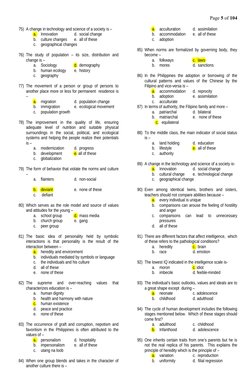 Page 5 of 104
75) A change in technology and science of a society is –
a.
Innovation
d. social change
b.
culture changes
e.