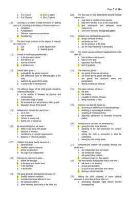 Page 7 of 104
a.
3 to 6 years
c. 12 to 18 years
b.
6 to 12 years
d. 18 to 21 years
120)
Learning is a matter of hab