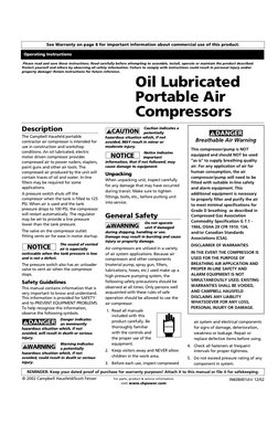 Oil Lubricated
Portable Air
Compressors
Please read and save these instructions. Read carefully before attempting to assemble