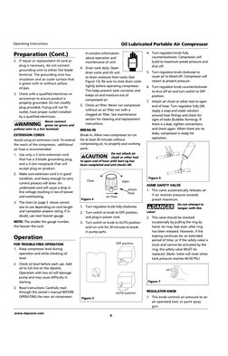 4
Operating Instructions
Oil Lubricated Portable Air Compressor
Preparation (Cont.)
2. If repair or replacement of cord or
pl