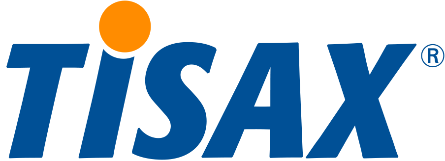 Blue text logo "TISAX" with an orange dot over the "I" on a white background.