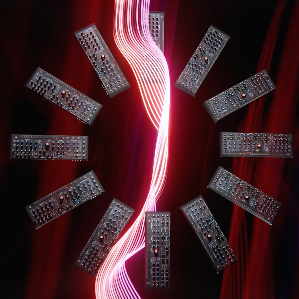 A ring of Sequential Take 5 desktop modules with illuminated wavy lines rising through the center
