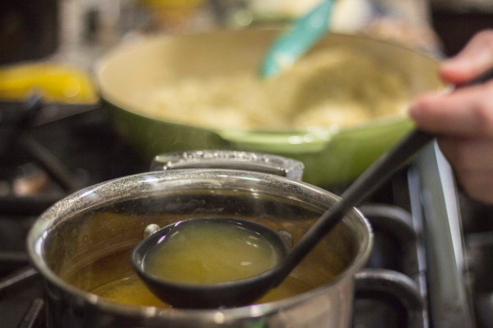The broth and risotto set up