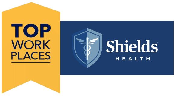 Top Workplaces logo next to Shields Health logo featuring a shield with a caduceus symbol.