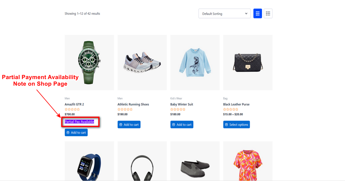 Partial Payment Availability Note on Shop Page