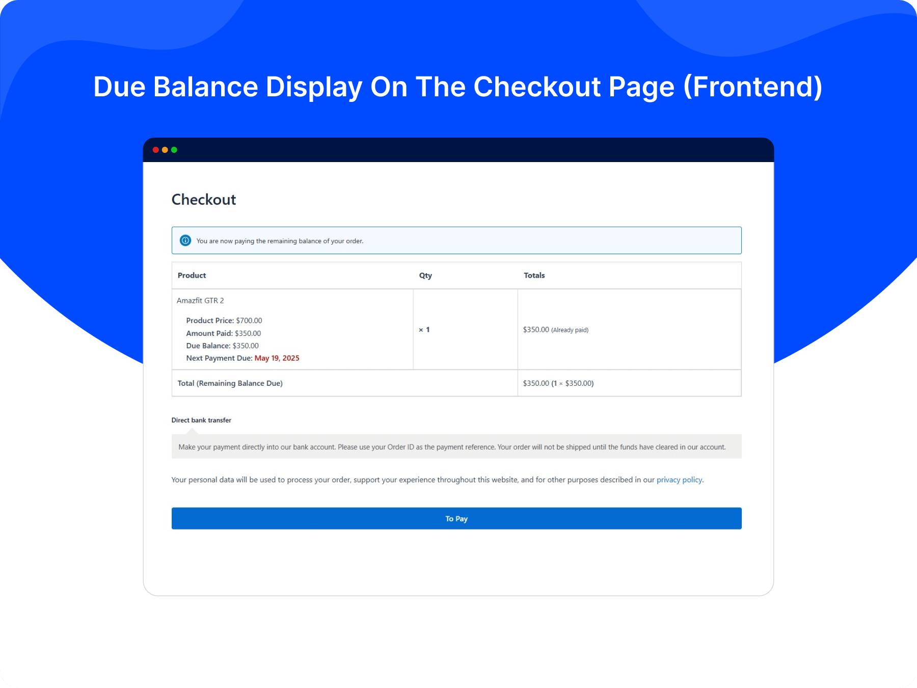 Due Balance Display on the Checkout Page (Frontend)