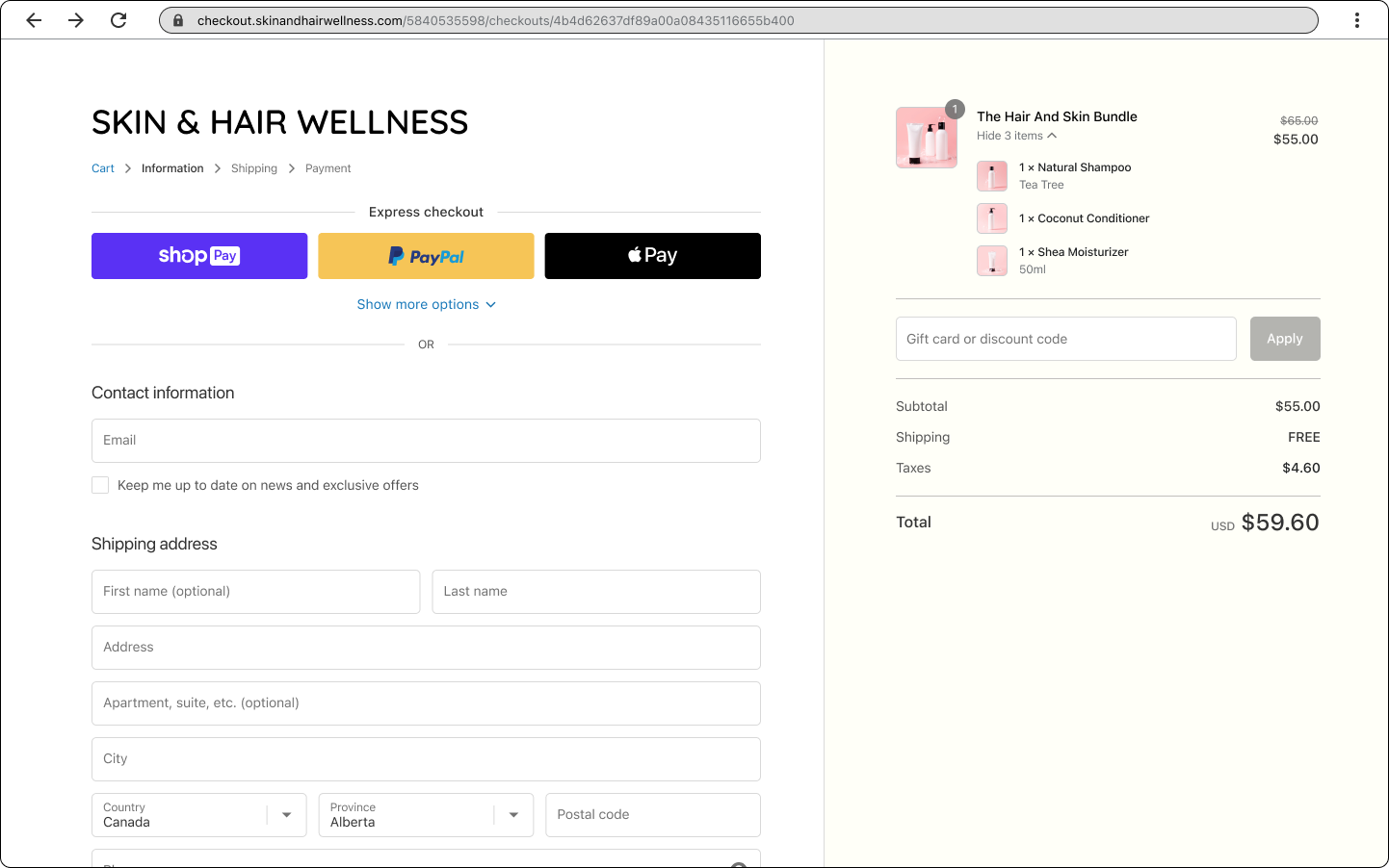 An example of a bundle in checkout. A hair and skin bundle product enables the customer to purchase shampoo, conditioner, and moisturizer in a bundle at a discounted price.