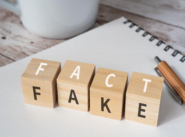 「FACT」「FAKE」と書かれた積み木