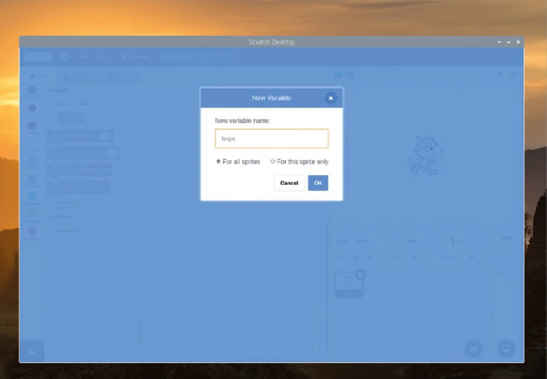 راهنمای جامع برنامهنویسی با اسکرچ (Scratch) در رزبریپای 25 به متغیر جدید یک نام اختصاص دهید