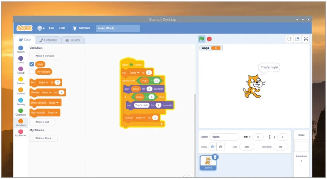 راهنمای جامع برنامهنویسی با اسکرچ (Scratch) در رزبریپای 37 گربه وقتی عدد به 6 برسد، یک پیام میدهد